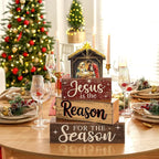 Moucuny 4 Pcs Christmas Table Decoration Christian Wooden Stacked Block, Jesus is the Reason for the Season Signs with Nativity Scene, Rustic Religious Christmas Tiered Tray Decor for Home Church