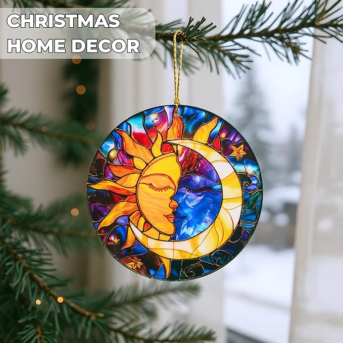 Sun and Moon Christmas Ornaments Decorative Ornament Round Acrylic Stained Glass Effect Window Hanging for Celestial Decor Moon Decor Sun Decor Sun, Hanging Tree Thanksgiving Gifts