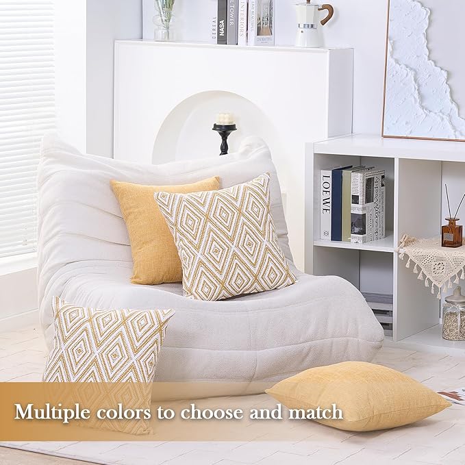 HPUK Decorative Throw Pillow Covers Set of 4 Geometric Design Linen Cushion Cover for Couch Sofa Living Room, 18"x18" inches, Ochre