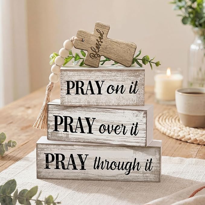 Moucuny 4 Pcs Christian Table Decor Wooden Cross Wooden Bible Verse Sign Inspirational Religious Christian Centerpiece Pray Block Signs Farmhouse Table Decoration for Mother's Day