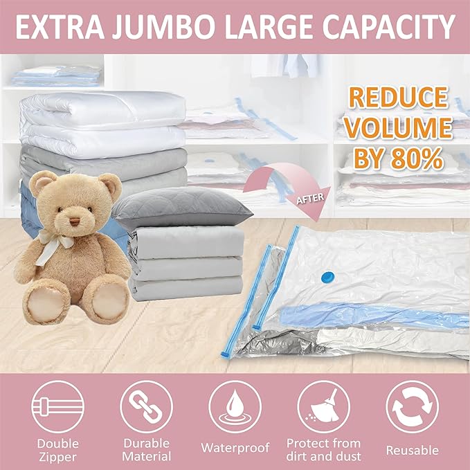 Cozy Essential Vacuum Storage Bags, Compression Space Saver Bags for Clothes, Comforters, Blankets, Pillow, Bedding, Sealer Clothing Storage,6 XXL Jumbo