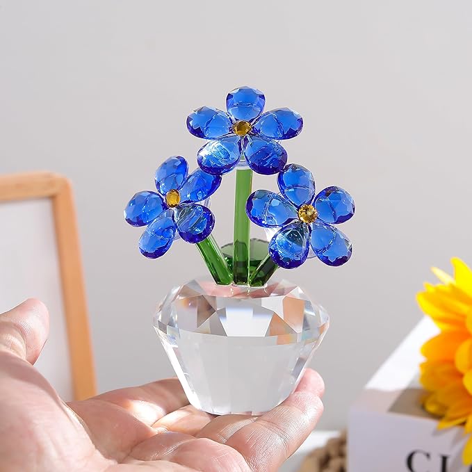Qianwei Blue Forget Me Not Crystal Flowers - Sympathy Glass Flowers Collectible Figurines Decor Paperweight Ornament Home Office Table Desk Decorations