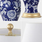 JONATHAN Y 24" Navy/White French Country Ceramic Floral Urn Table Lamp, White Linen Shade, Chinoiserie Ginger Jar Bedside Lamp for Living Room Bedroom, LED Bulb (JYL3009E)