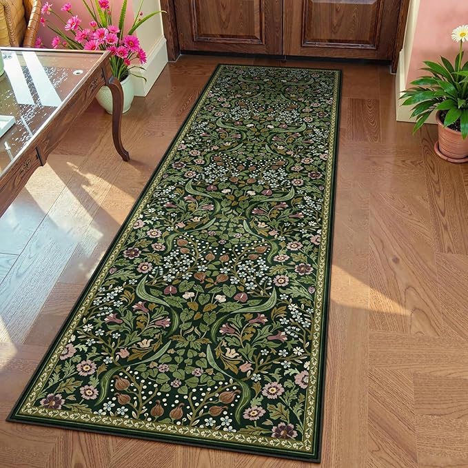 Moynesa Floral Hallway Runner Rug 2'8" x 8', Washable Non Skid Kitchen Rug, Boho Green Soft Ultra Thin Botanical Carpet Runners for Entryway Bathroom Laundry Room, Green