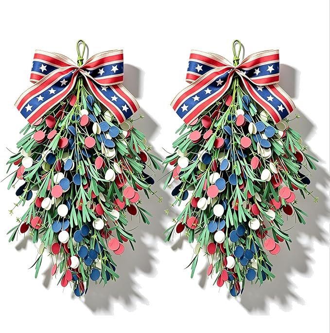 2 Pack 20'' Patriotic Swag Wreaths for Cabinets Artificial 4th of July Teardrop Wreath with Red White Blue Circular and Green Leaves for Independence Day Memorial Day Front Door Porch Window Wall