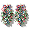 2 Pack 20'' Patriotic Swag Wreaths for Cabinets Artificial 4th of July Teardrop Wreath with Red White Blue Circular and Green Leaves for Independence Day Memorial Day Front Door Porch Window Wall