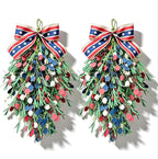 2 Pack 20'' Patriotic Swag Wreaths for Cabinets Artificial 4th of July Teardrop Wreath with Red White Blue Circular and Green Leaves for Independence Day Memorial Day Front Door Porch Window Wall
