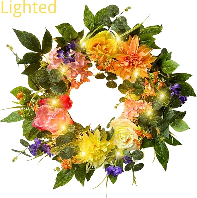 Svndlyn 22 Inch Lighted Spring Summer Wreath for Front Door,Dahlia Pinnata, Roses, Eucalyptus Leaves, Peony, Mixed Flowers,Artificial Wreath for Front Door Spring Outdoor Home Decor Easter Decor