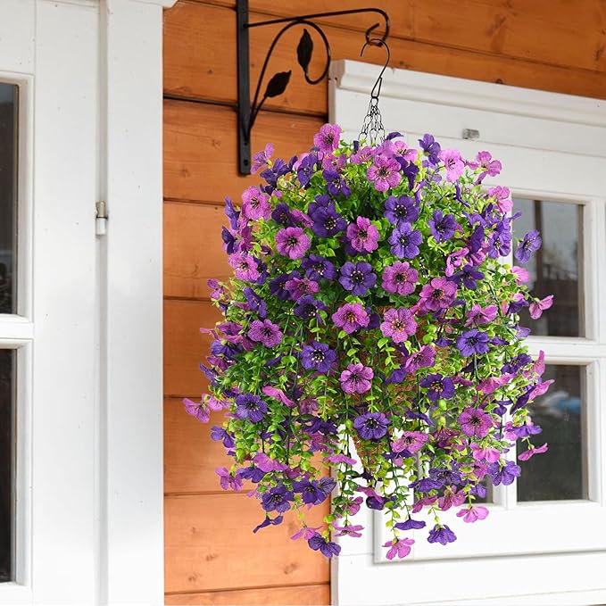 INQCMY Artificial Hanging Flowers with Basket for Spring Outdoor Decoration 3 Bunches of Silk Daisy Flower Uv Resistant for Garden Porch Patio Balcony Yard Decor (Purple1)