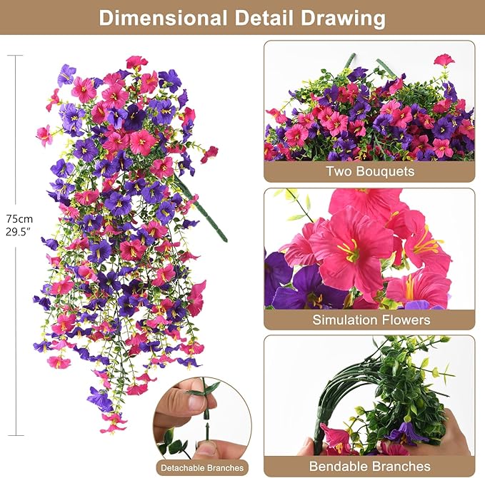 Artificial Hanging Flowers Plants for Outdoor Spring Summer Decoration, 2PCS Faux Silk Morning glory UV Resistant Look Real for Outside Home Indoor Planter Porch Garden Yard Decor(Deep Purple Red)