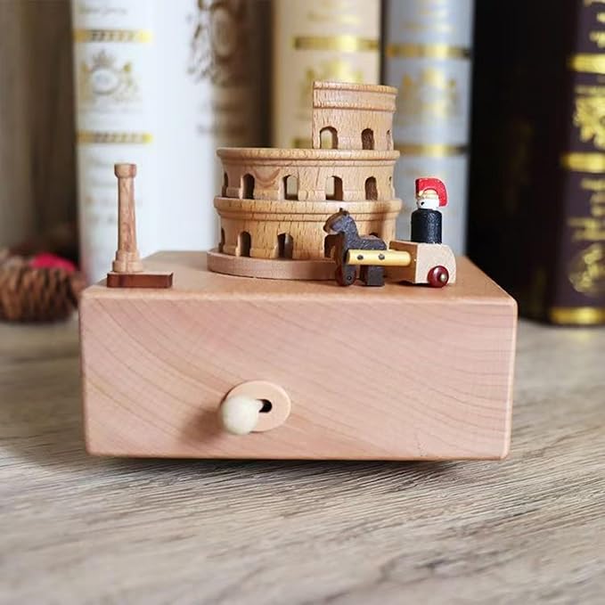 Natural Solid Wood Handcrafted Beech Wooden, Musical FigureTotoro/Carousel/Fairy/Ballerina Figurine,Rotating Hand Crank Mechanism Music Box,Musical Decorations (Colosseum)