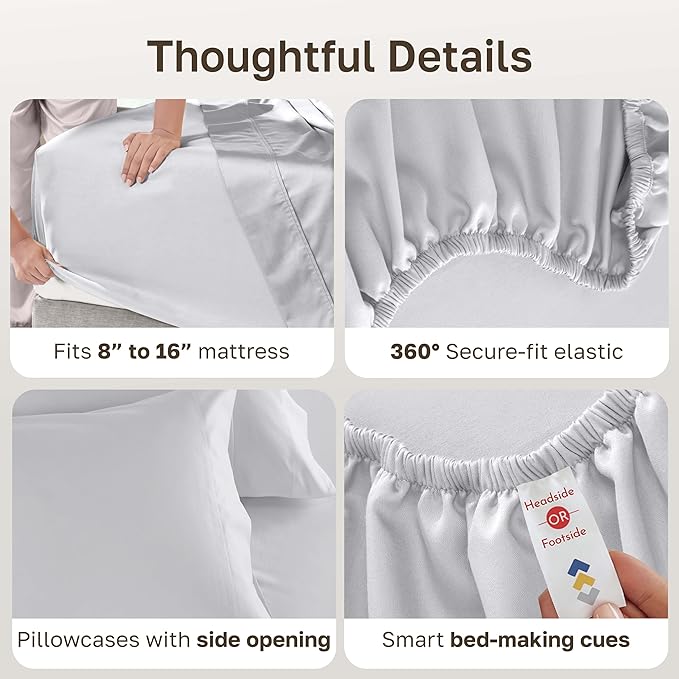 California Design Den King Size Bed Sheets Set - Luxury 600 Thread Count Sateen, Natural 100% Cotton Deep Pocket King Sheet Set, Fully Elasticized, Cool & Durable Hotel Quality Bedding - Light Silver