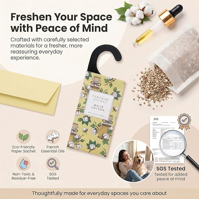 ROSE COTTAGE Large 12 Packs White Cotton Hanging Closet Deodorizer Air Freshener Long Lasting Scented Sachets Smell Goods for House