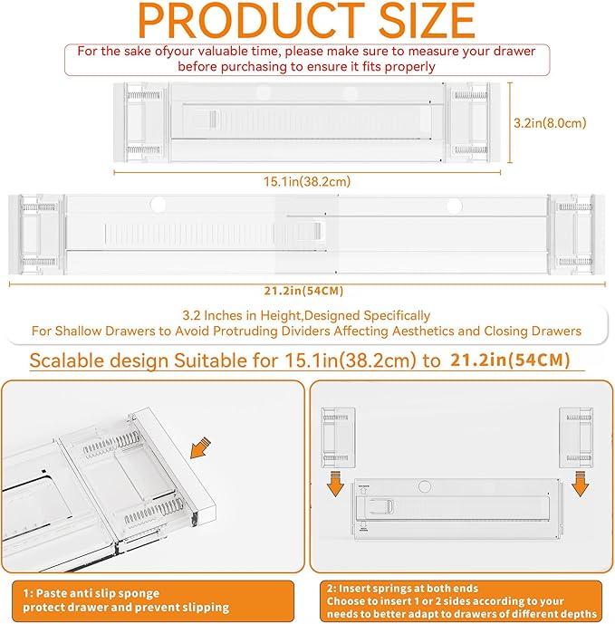 Yieach 8 Pack 3.2 Inch Shallow Acrylic Drawer Dividers for Clothes -Expandable from 15-21''- Adjustable Drawer Dividers for Baby Clothing,Sock,Underwear,Clear in Drawer Separators for Dresser,Kitchen