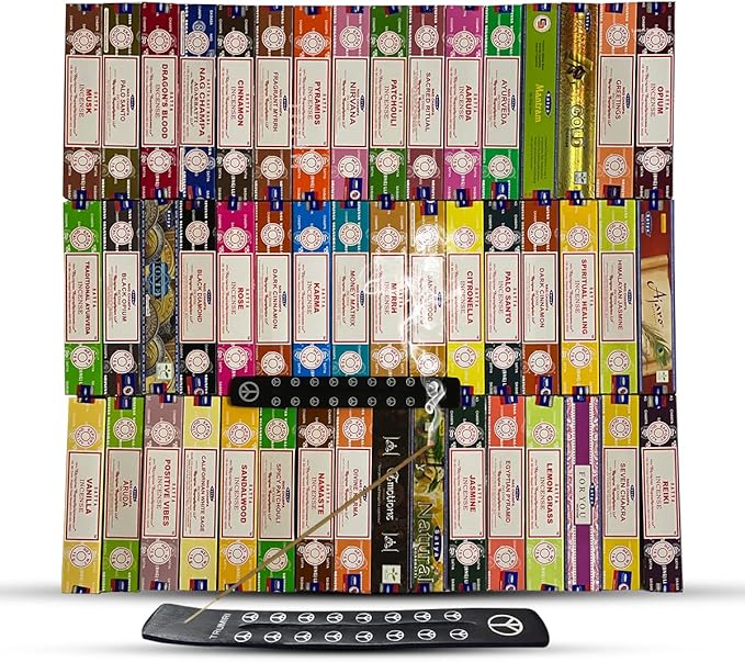 Satya Incense Sticks Variety Pack of 12 Randomly Selected Fragrances and Incense Stick Holder Bundle Total 180 Sticks