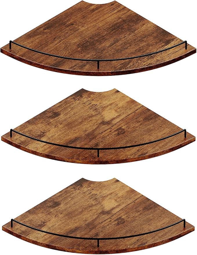 JJL Corner Shelf Wall Mounted, 12 Inches 3-Tier Floating Corner Shelf, Fan-Shaped Rustic Wood Decor with Fence, Brown Storage Organizer for Apartment Bedroom Kitchen Bathroom
