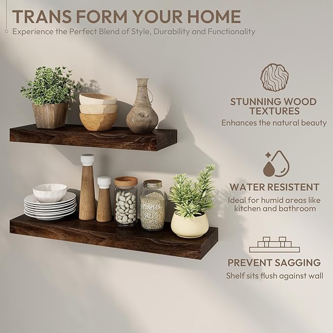 Marsmiles 36 inch Floating Shelves for Wall Solid Elm Wood Shelves|Rustic Wall Shelves with Invisible Heavy-Duty Bracket for Bathroom Living Room Kitchen|Walnut, 2 Pack