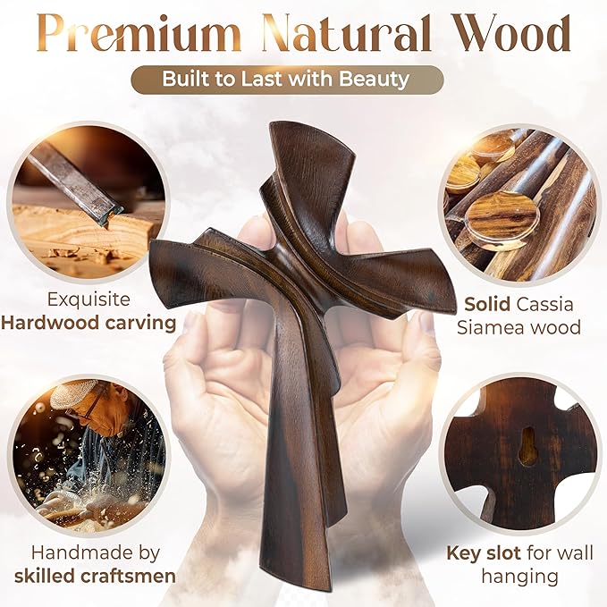 DAICAT - Hand-Carved Wooden Cross 9.8” – Christian Wall Decor for Easter, Baptism Gift, Unique Religious Gift for Mom, Sister, Teen Boy (No 1)
