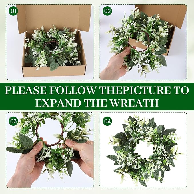 4 PCS Small Eucalyptus Leaves Cabinet Wreath Artificial Mini Spring Summer Greenery Kitchen Wreaths Vintage Swags Wreath with Retro Burlap Ribbon for Farmhouse Rustic Home Door Wedding Wall Decor