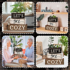 Moucuny 4 Pcs Farmhouse Table Decor Inspirational Wooden Signs Rustic Eucalyptus Leaves Wooden Block Sign Gift Let's Get Cozy Farmhouse Table Centerpiece for Living Room Housewarming Gift