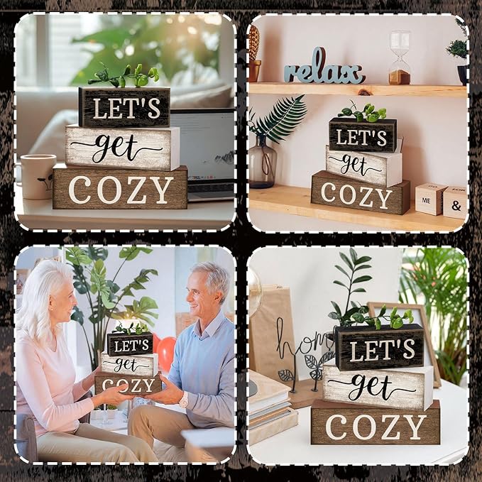 Moucuny 4 Pcs Farmhouse Table Decor Inspirational Wooden Signs Rustic Eucalyptus Leaves Wooden Block Sign Gift Let's Get Cozy Farmhouse Table Centerpiece for Living Room Housewarming Gift