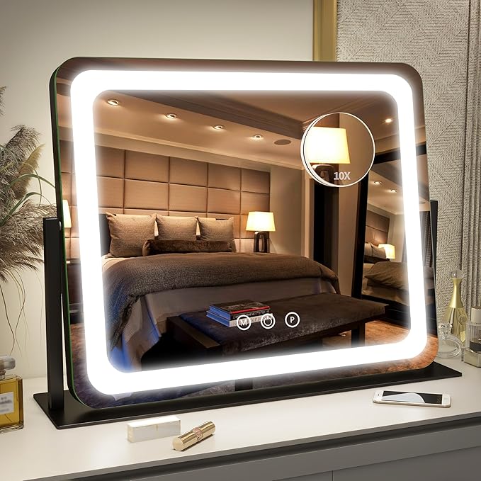 FENNIO Vanity Mirror with Lights 22"x17",LED Lighted Makeup Mirror,Large Makeup Mirror with Lights,Touch Screen with 3-Color Lighting,Led Mirror Makeup,Dimmable,for Vanity Desk Tabletop,Bedroom