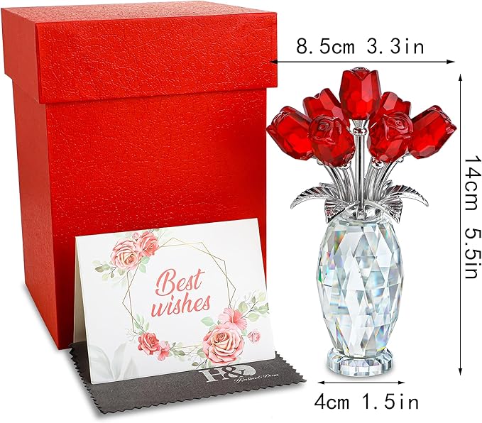H&D HYALINE & DORA Crystal Rose Flower Figurine,Glass Flower Bouquet Ornament,Glass Rose Gift for Christmas Mother's Day Valentine's Wedding Party