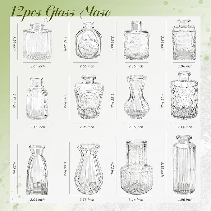 Der Rose Glass Bud Vases Set of 12, Small Bud Vases for Flowers, Rustic Wedding Centerpieces and Home Decor