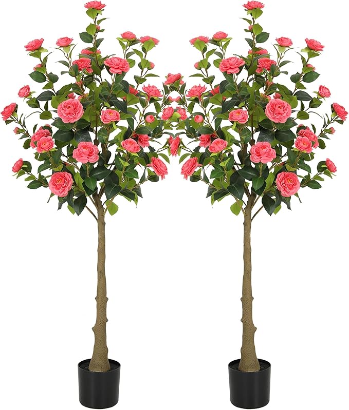 Bellacat 5ft Artificial Camellia Tree with Silk Pink Flowers, 60in Faux Camellia Plant with Lifelike Trunk, Fake Flower Tree Potted Front Door Plants for Porch Patio Deck Living Room Decor, 2Pack