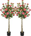 Bellacat 5ft Artificial Camellia Tree with Silk Pink Flowers, 60in Faux Camellia Plant with Lifelike Trunk, Fake Flower Tree Potted Front Door Plants for Porch Patio Deck Living Room Decor, 2Pack