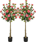 Bellacat 5ft Artificial Camellia Tree with Silk Pink Flowers, 60in Faux Camellia Plant with Lifelike Trunk, Fake Flower Tree Potted Front Door Plants for Porch Patio Deck Living Room Decor, 2Pack