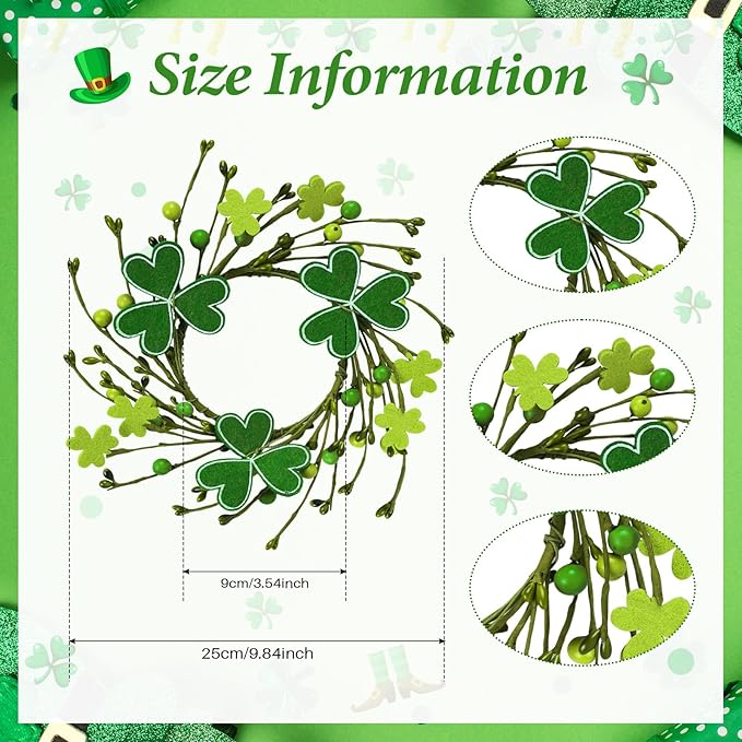 6 PCS Mini St. Patrick's Day Felt Shamrocks Wreath for Front Door St. Patrick's Day Kitchen Cabinet Wreaths Decorations with Ribbon Small Spring Green Irish Clover Berry Wreath for Porch Wall Window