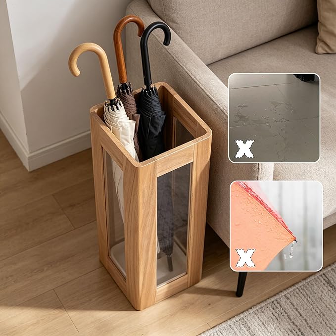 Umbrella Stand with Removable Plastic Drip Tray, Spacious Storage Bucket, for Home Entryway Decoration and Hotel Lobbies, Features a Solid Wood Umbrella Bucket, Acrylic Frame(Natural)