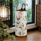 White, Ceramic Umbrella Stand, Household Entryway Umbrella Holder, Hand-Painted Patterns, Wide Mouth, Floor-Standing Ornamental Vase, Freestanding Walking Stick