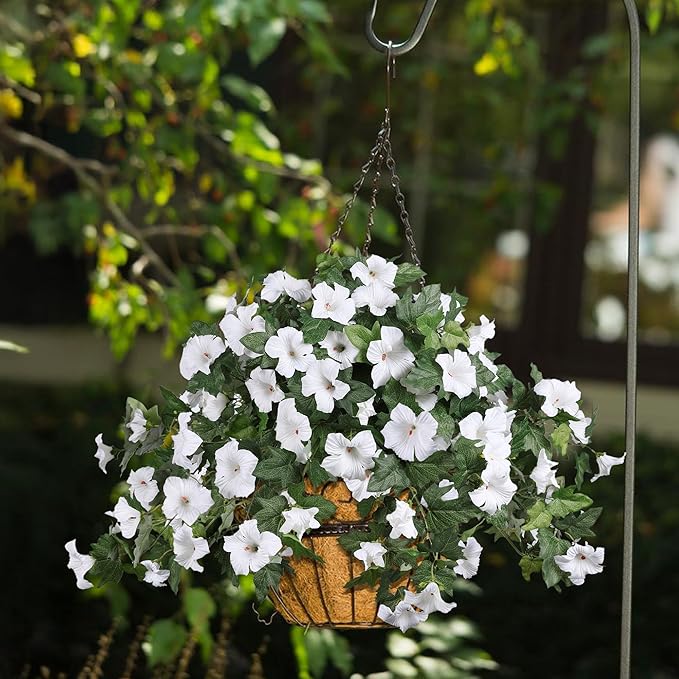 HyeFlora Artificial Flowers for Outdoors 2PCS Spring Faux Morning Glory Look Real Silk Flowers for Outside Planter UV Resistant Fake Flowers for Home Garden Balcony Yard Porch Deco (White)