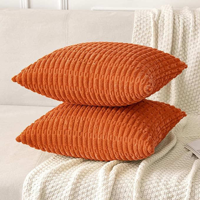 MIULEE Pack of 2 Orange Corduroy Decorative Pillow Covers 18x18 Inch Soft Boho Striped Throw Pillow Covers Modern Farmhouse Home Decor for Halloween Thanksgiving Summer Sofa Living Room Couch Bed