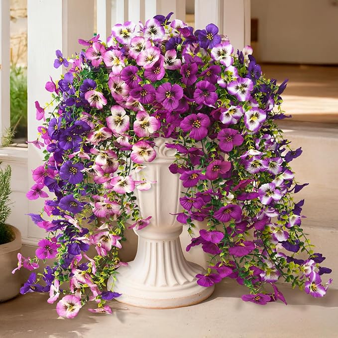 Fake Artificial Flowers for Outdoors, 4 Pcs Faux Hanging Pansy Flowers Spring Summer Decor, UV Resistant No Fade Fake Plants Silk Flower for Planter Front Door Porch Patio Yard Garden(Mixd Purple)