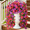Artificial Fake Hanging Flowers Plants for Outdoor Spring Decoration,2 PCS Faux Silk Morning Glory with Eucalyptus Leaves,UV Resistant Realistic Trailing Vines for Balcony Porch Patio Yard Garden