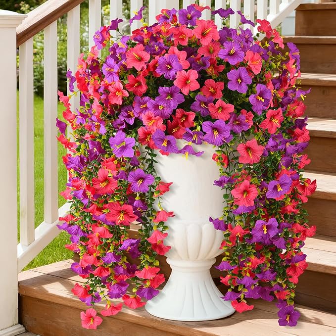 Artificial Fake Hanging Flowers Plants for Outdoor Spring Decoration,2 PCS Faux Silk Morning Glory with Eucalyptus Leaves,UV Resistant Realistic Trailing Vines for Balcony Porch Patio Yard Garden