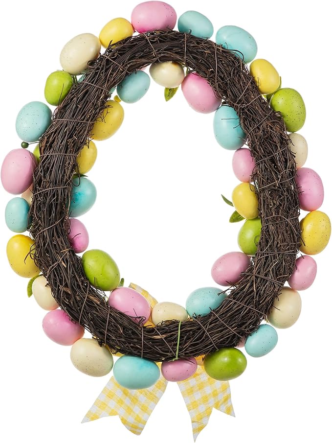Glitzhome 18" H Easter Wreath with Artificial Easter Eggs Berries for Front Door Wall Decor, Spring Easter Egg Shaped Garland with Colored Eggs Bow Knot Holiday Decoration