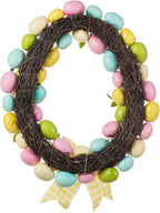 Glitzhome 18" H Easter Wreath with Artificial Easter Eggs Berries for Front Door Wall Decor, Spring Easter Egg Shaped Garland with Colored Eggs Bow Knot Holiday Decoration
