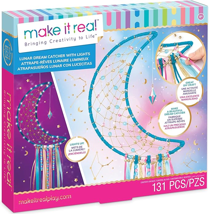 Make It Real: Lunar Dream Catcher with Lights - 131pc DIY Décor Craft Kit, Blue-Gold-Pink, Moon-Shaped, Fairy Lights-Yarn-Ribbon, Tweens-Girls-Kids 8+