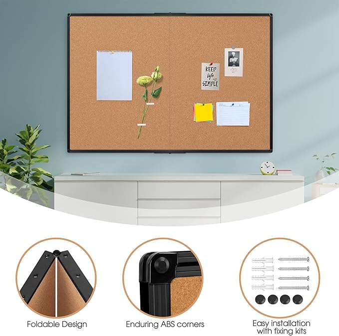 Extra Large Cork Bulletin Board 60" X 36", Foldable Notice Pin Board for Wall, Black Aluminum Framed 5'x3' Corkboard, Wall Mounted Noticeboard with 36 Push Pins for School, Home & Office