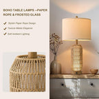 OYEARS 25" Table Lamps Set of 2 with Night Light,Bedside Lamps for Bedroom,Boho Lamps with USB C+A Charging Ports,Farmhouse Table Lamp with Rattan,Frosted Glass,Linen Shade (Wood Grain,Bulb Included)