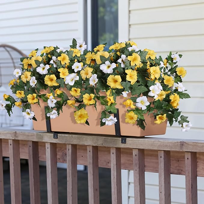 HyeFlora Artificial Flowers for Outdoors 2PCS Spring Faux Morning Glory Look Real Silk Flowers for Outside Planter UV Resistant Fake Flowers for Home Garden Balcony Yard Porch Deco (Yellow)