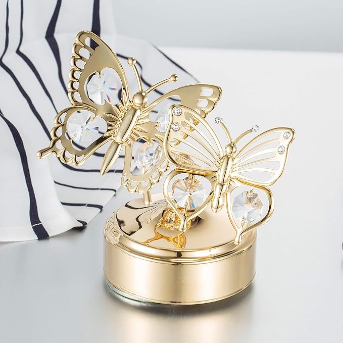 Matashi Crystal Studded 24K Gold Plated Double Butterfly Music Box Figurine – Plays "Memory" – Elegant Tabletop Showpiece for Living Room Decor – Keepsake Gift for Women, Mom, Wife, Birthday