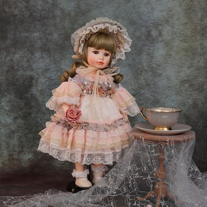 18 Inch Kawaii Porcelain ＆ Fabric Doll Cute European Retro Handmade Ceramic Doll with Showing Stand for Room Decor, Birthday Gifts, Collectible ，Name Olivier (Pink)