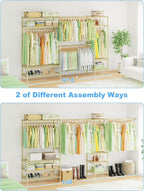 Ulif E11 Heavy-Duty Garment Rack, Metal Freestanding Clothes Rack and Closet Storage Organizer System with 8 Shelves and 4 Hanger Rods, (73.2-97.6)" W x 14.5" D x 71.2" H, Load 1034 LBS, Gold