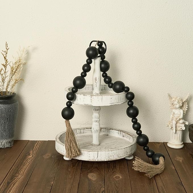 2" Extra Large Wood Bead Garland with Tassels, 50" Long Rustic Farmhouse Wooden Beads Garland, Decorative Beads Boho Decorations for Home Table Mantle Black