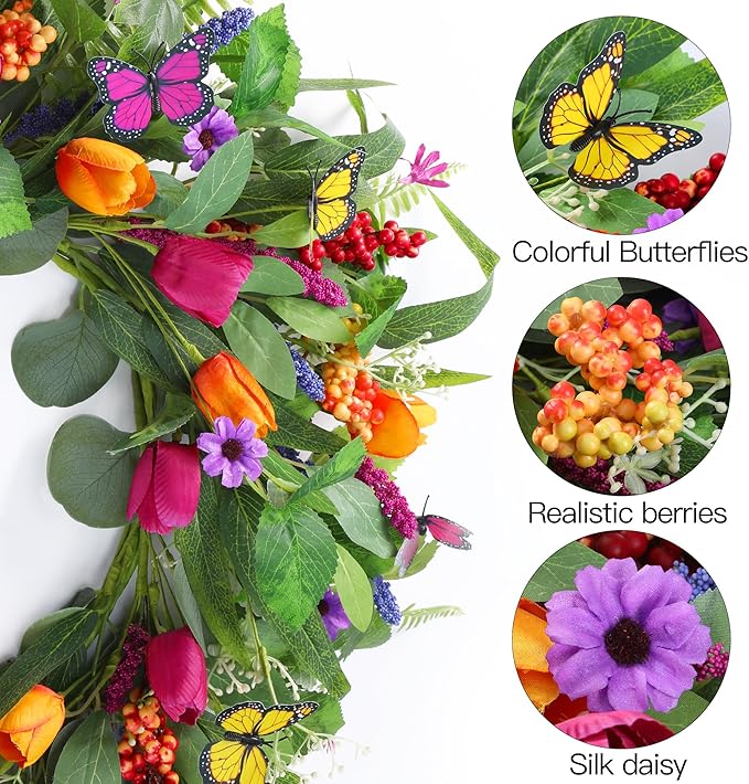 Sggvecsy Spring Summer Wreath for Front Door 22 Inch Artificial Tulips Wreath with Eucalyptus Leaves Lavender Ferns Colorful Silk Flowers Butterflies for Home Farmhouse Indoor Outdoor Wall Decor